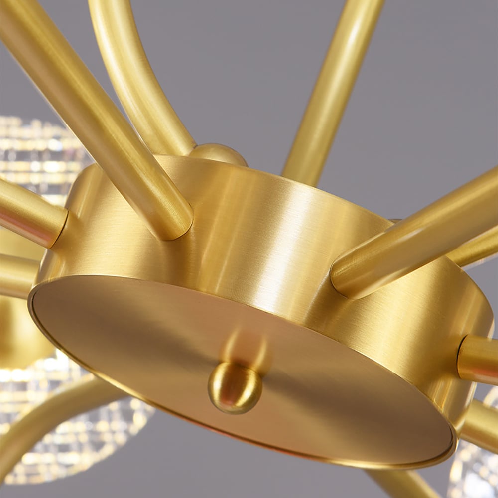 Moderne kroonluchter 15-licht hanglamp met helder glas gesneden kap in messing Vensterafbeelding