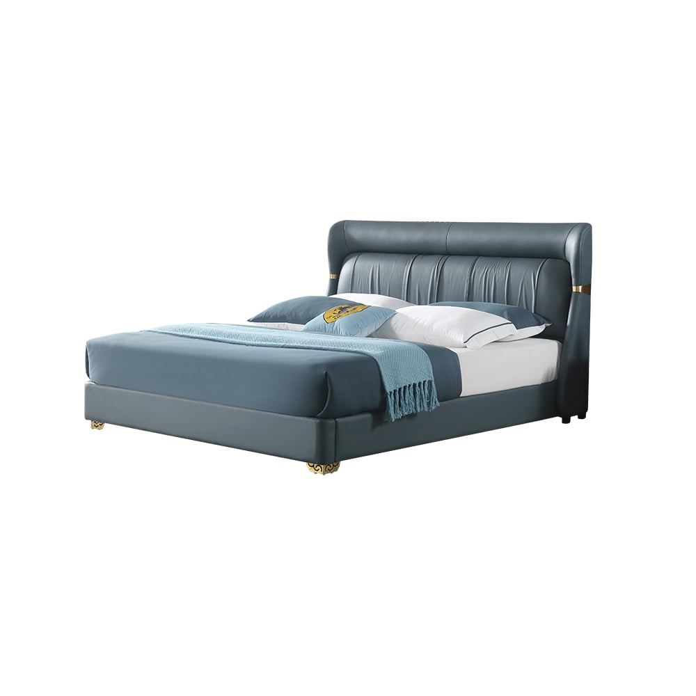 Lit plateforme rembourré bleu moderne en cuir véritable image de fenêtre
