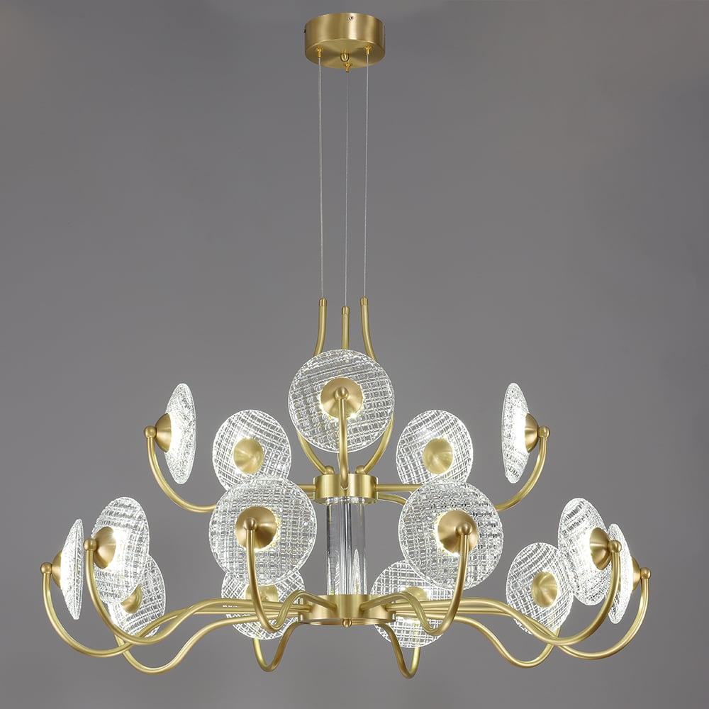 Moderne kroonluchter 15-licht hanglamp met helder glas gesneden kap in messing Vensterafbeelding