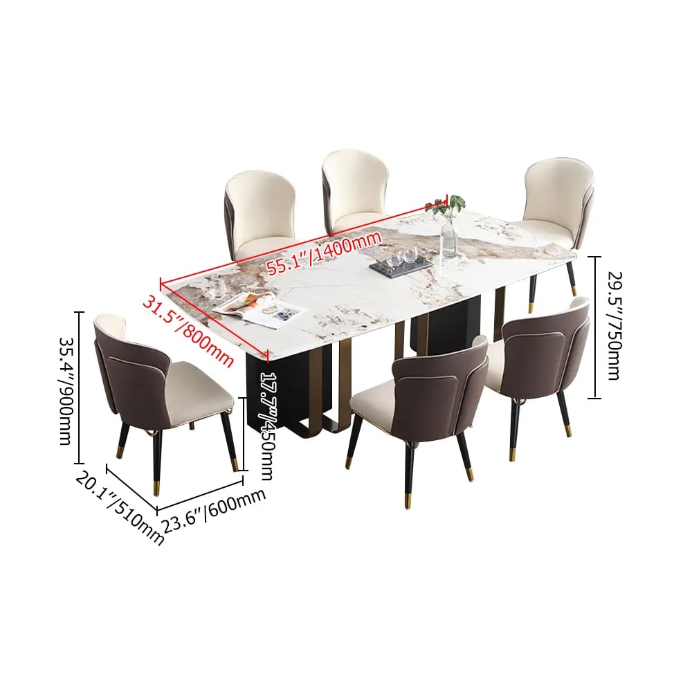 Mesa de jantar retangular sinterizada de 55 polegadas com tampo de pedra sinterizada e base de pedestal Imagem com pesos e dimensões