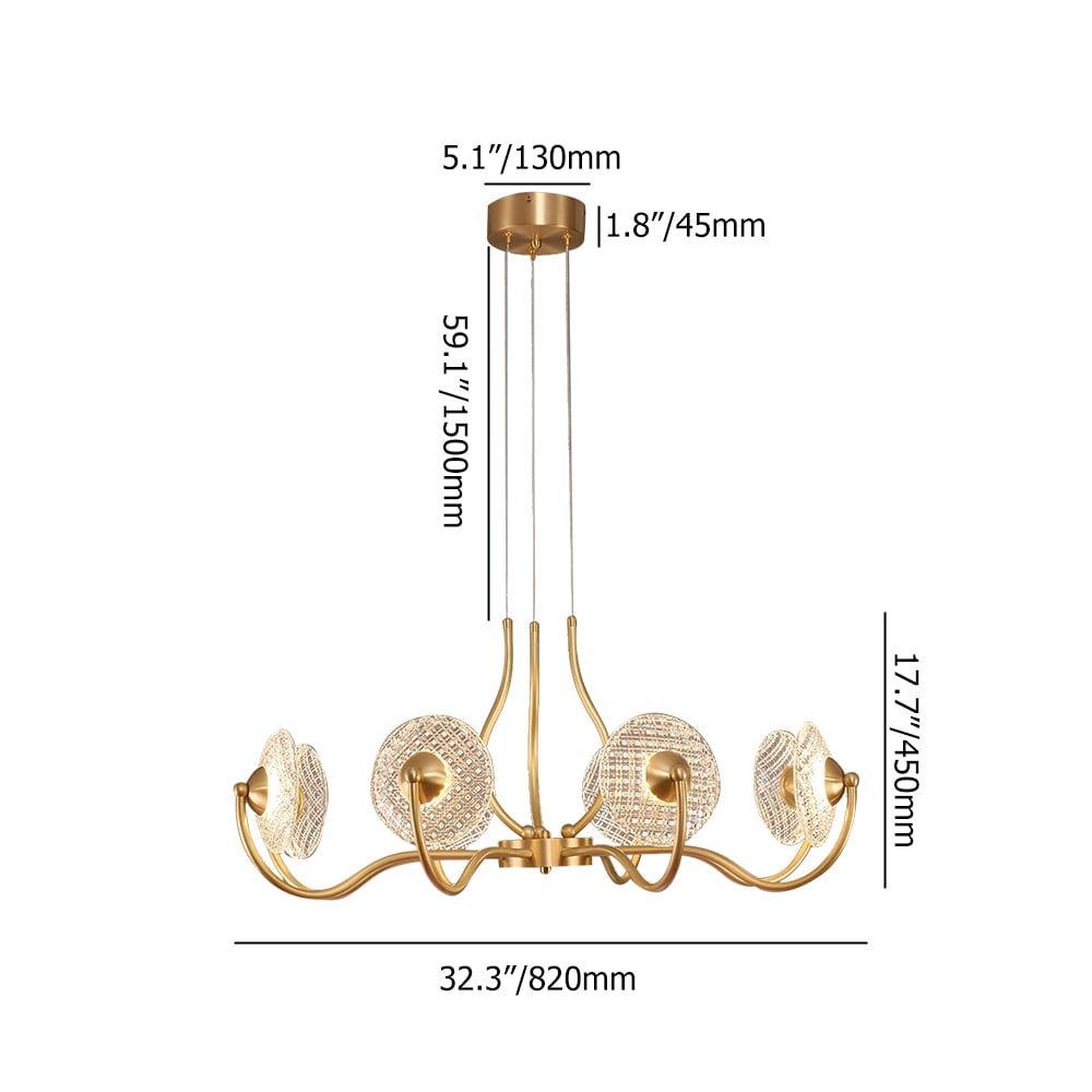 Moderne kroonluchter 15-licht hanglamp met helder glas gesneden kap in messing Afbeelding met gewichten en afmetingen