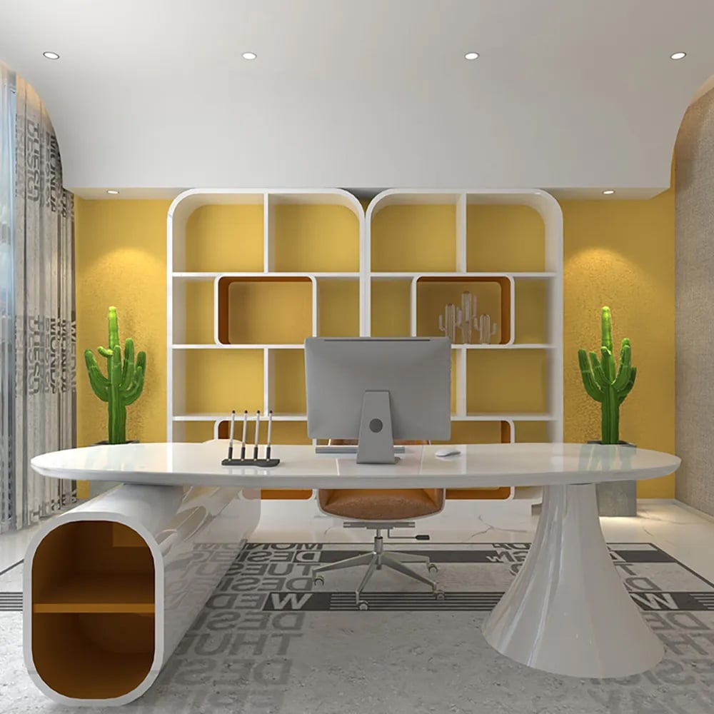 Bureau de bureau exécutif créatif en forme de L blanc moderne 1800 mm, main droite image de fenêtre