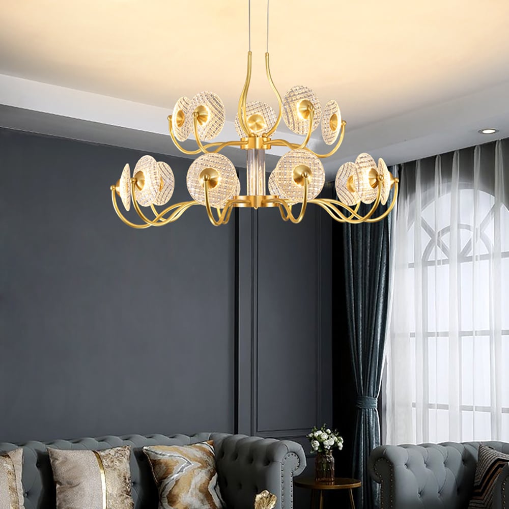 Moderne kroonluchter 15-licht hanglamp met helder glas gesneden kap in messing Vensterafbeelding
