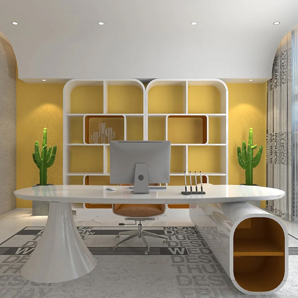 Bureau de bureau de bureau créatif en forme de L blanc moderne 1800 mm, bureau de rangement, main gauche image de fenêtre