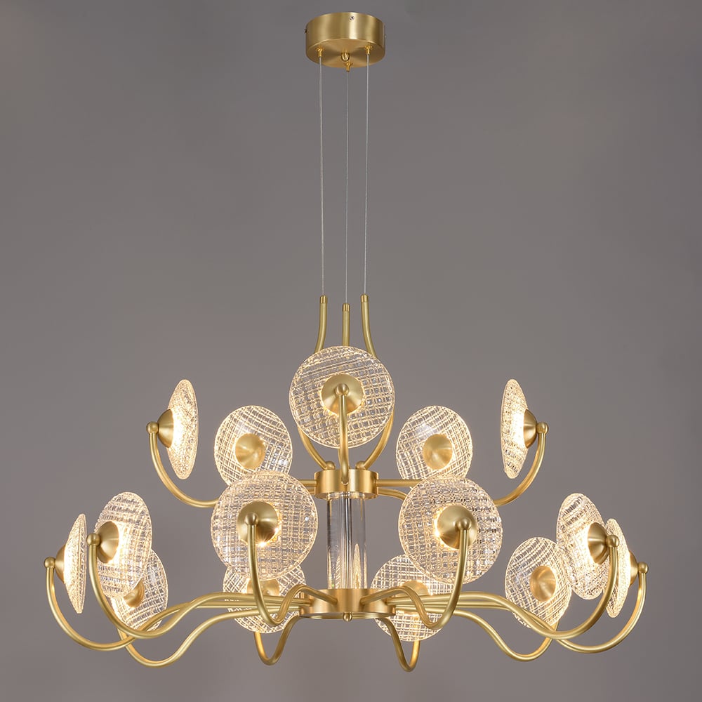 Moderne kroonluchter 15-licht hanglamp met helder glas gesneden kap in messing Vensterafbeelding