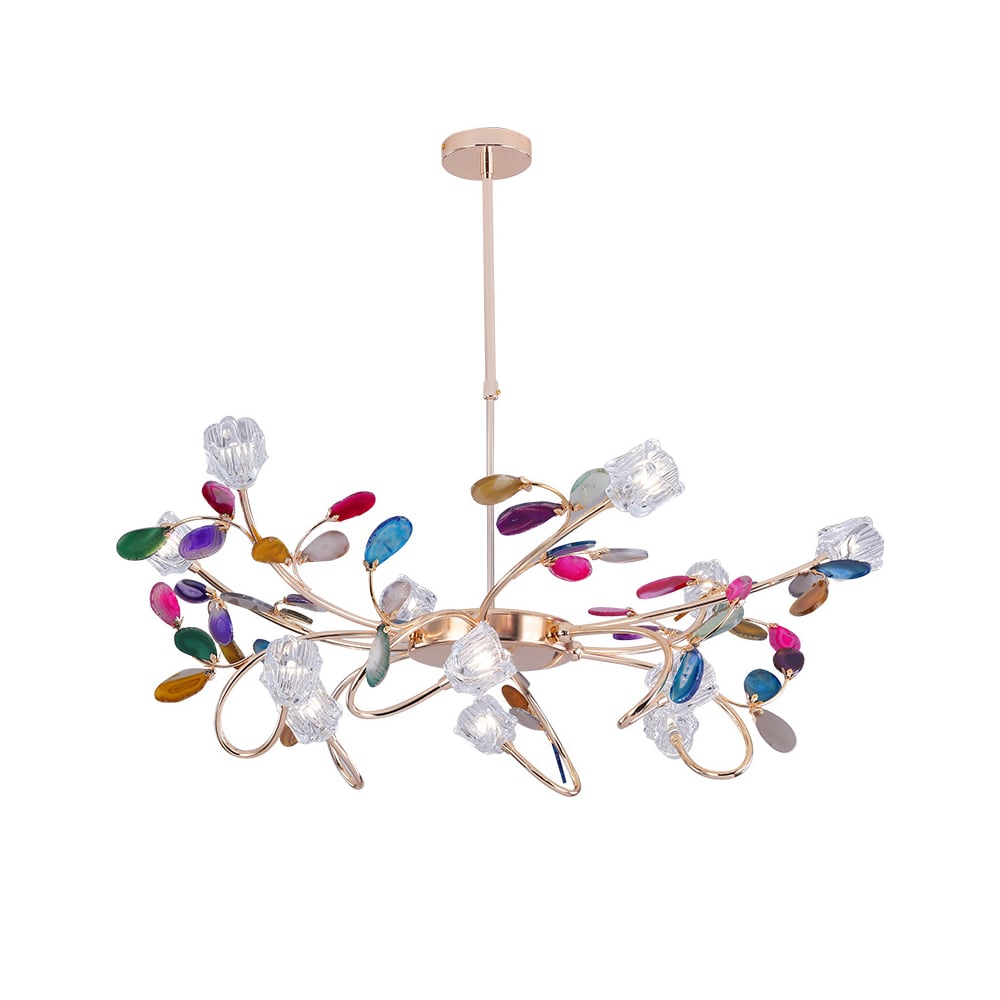 Modern 12-Light Branching Agate Chandelier with Adjustable Hanging Rod in Gold