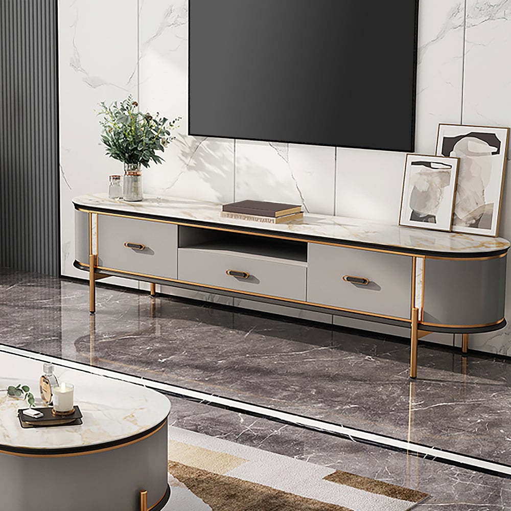 Mueble de TV gris moderno de piedra sinterizada de 79 pulgadas con cajones y patas de acero inoxidable en dorado Imagen de ventana