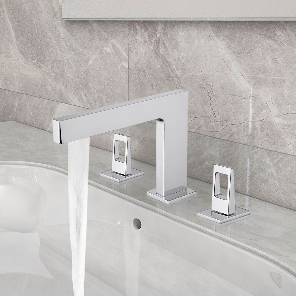 Polished Chrome Bathroom Widespread Sink Faucet Double Handle Solid Brass window image