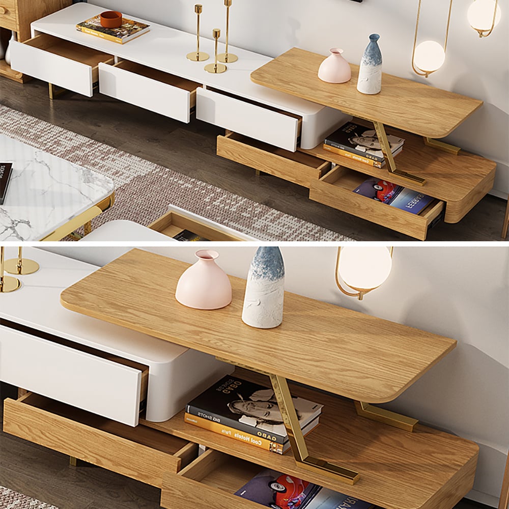 Modern White & Natural Extendable TV Stand with 3-Drawer window image