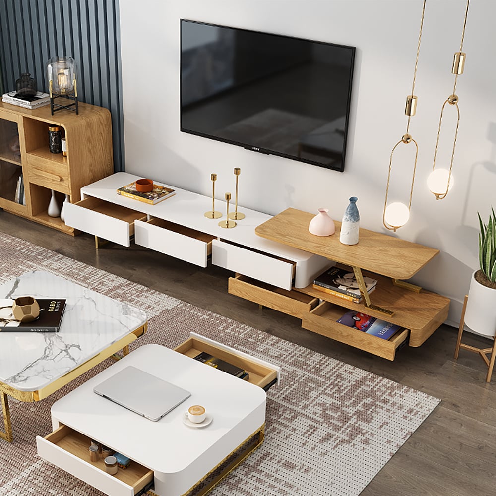 Modern White & Natural Extendable TV Stand with 3-Drawer window image