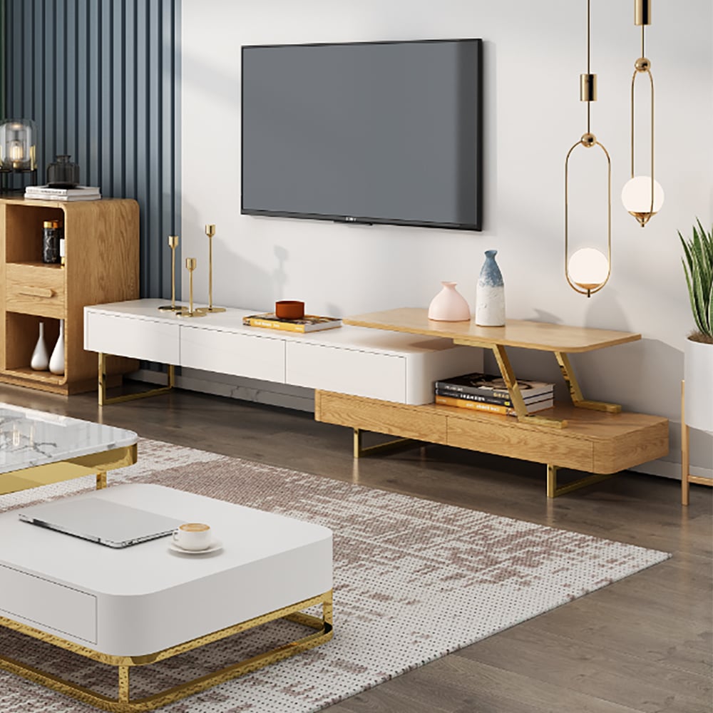 Modern White & Natural Extendable TV Stand with 3-Drawer window image