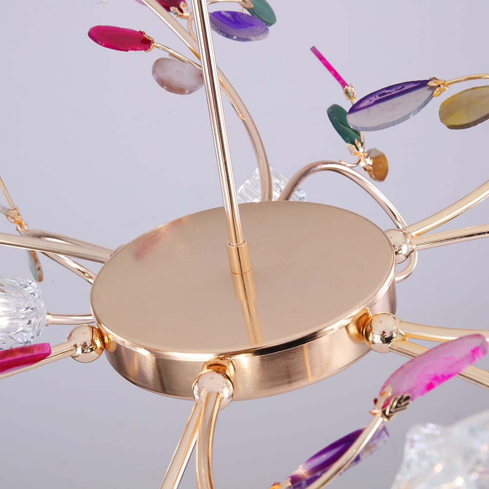 Modern 12-Light Branching Agate Chandelier with Adjustable Hanging Rod in Gold