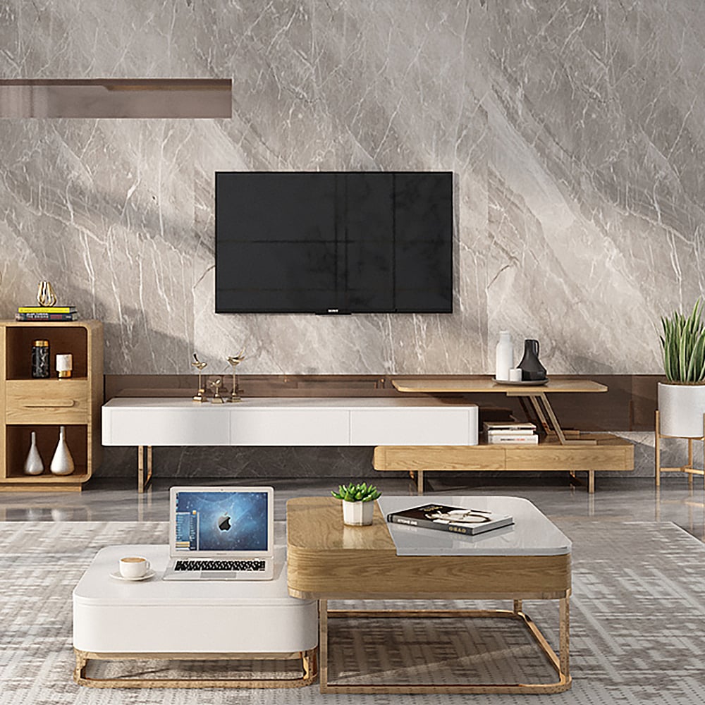 Modern White & Natural Extendable TV Stand with 3-Drawer window image