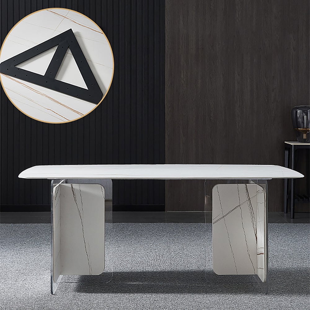 63" Modern White Rectangle Dining Table Sintered Stone Top with Double Pedestal window image