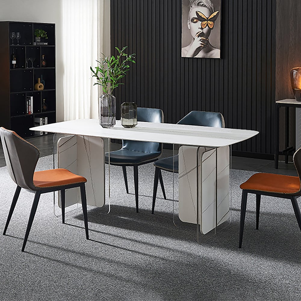 63" Modern White Rectangle Dining Table Sintered Stone Top with Double Pedestal window image