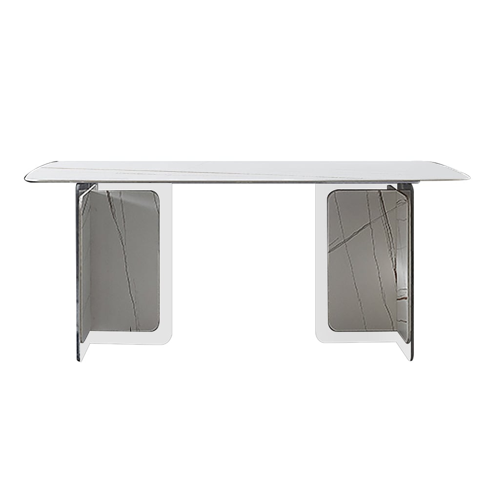 63" Modern White Rectangle Dining Table Sintered Stone Top with Double Pedestal window image