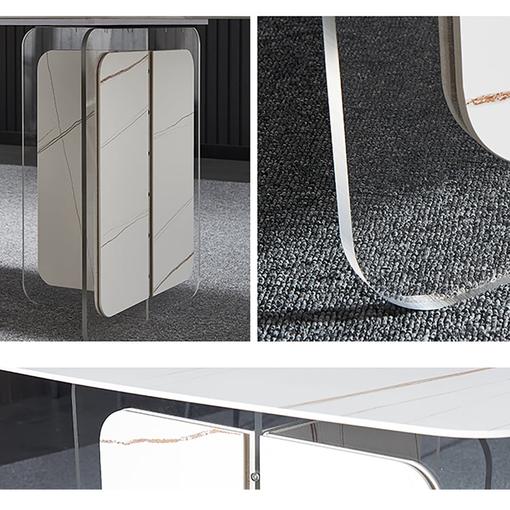 63" Modern White Rectangle Dining Table Sintered Stone Top with Double Pedestal window image