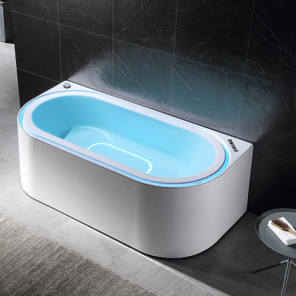 Tablier ovale de massage à l'eau tourbillon LED 1900 mm à 3 côtés en pierre de bain en résine blanche image de fenêtre