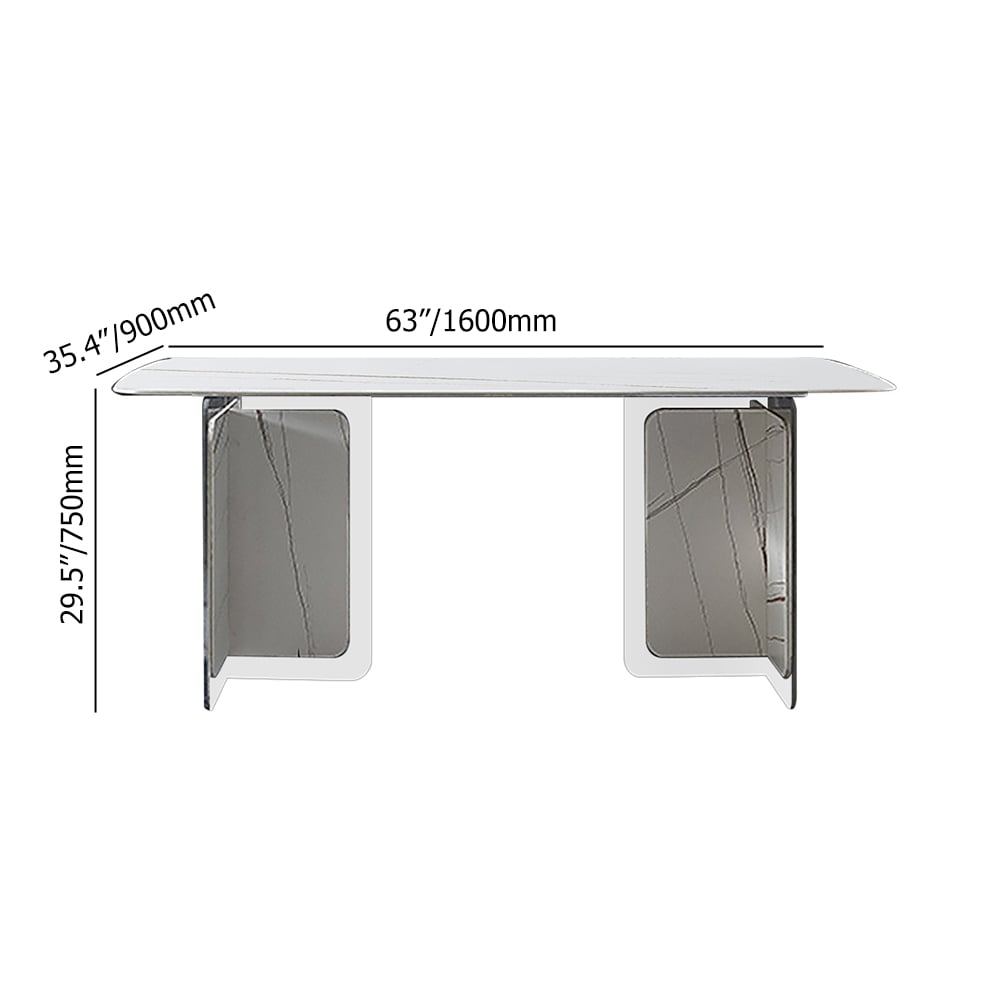63" Modern White Rectangle Dining Table Sintered Stone Top with Double Pedestal weights dimensions image