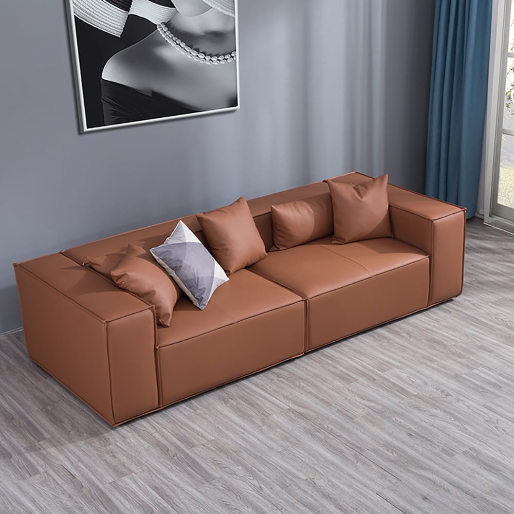 Canapé en cuir microfibre rectangulaire orange 2200 mm avec cadre en bois de pin et dossier d'oreiller image de fenêtre