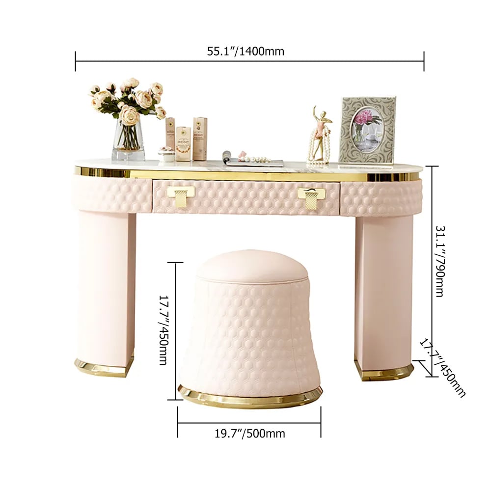 Contemporary Pink Makeup Vanity 1-Drawer Dressing Table Stool Included Gold Finish window image