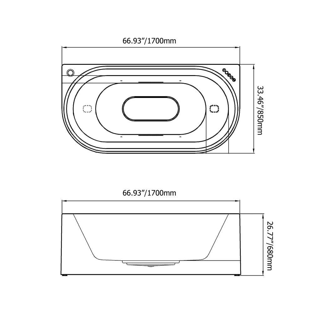 67" LED Oval Whirlpool Water Massage 3 Sided Apron Stone Resin Bathtub in White weights dimensions image