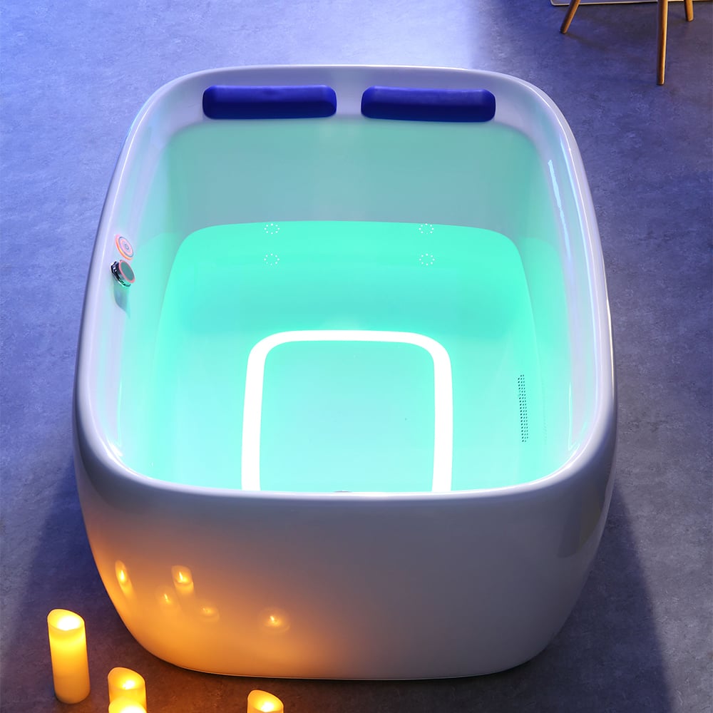 1800 mm vrijstaand LED whirlpool watermassagebad in wit met muzieksysteem Vensterafbeelding