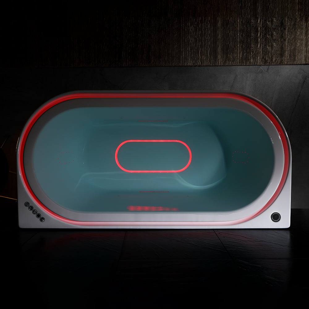 Tablier ovale de massage à l'eau tourbillon LED 1900 mm à 3 côtés en pierre de bain en résine blanche image de fenêtre