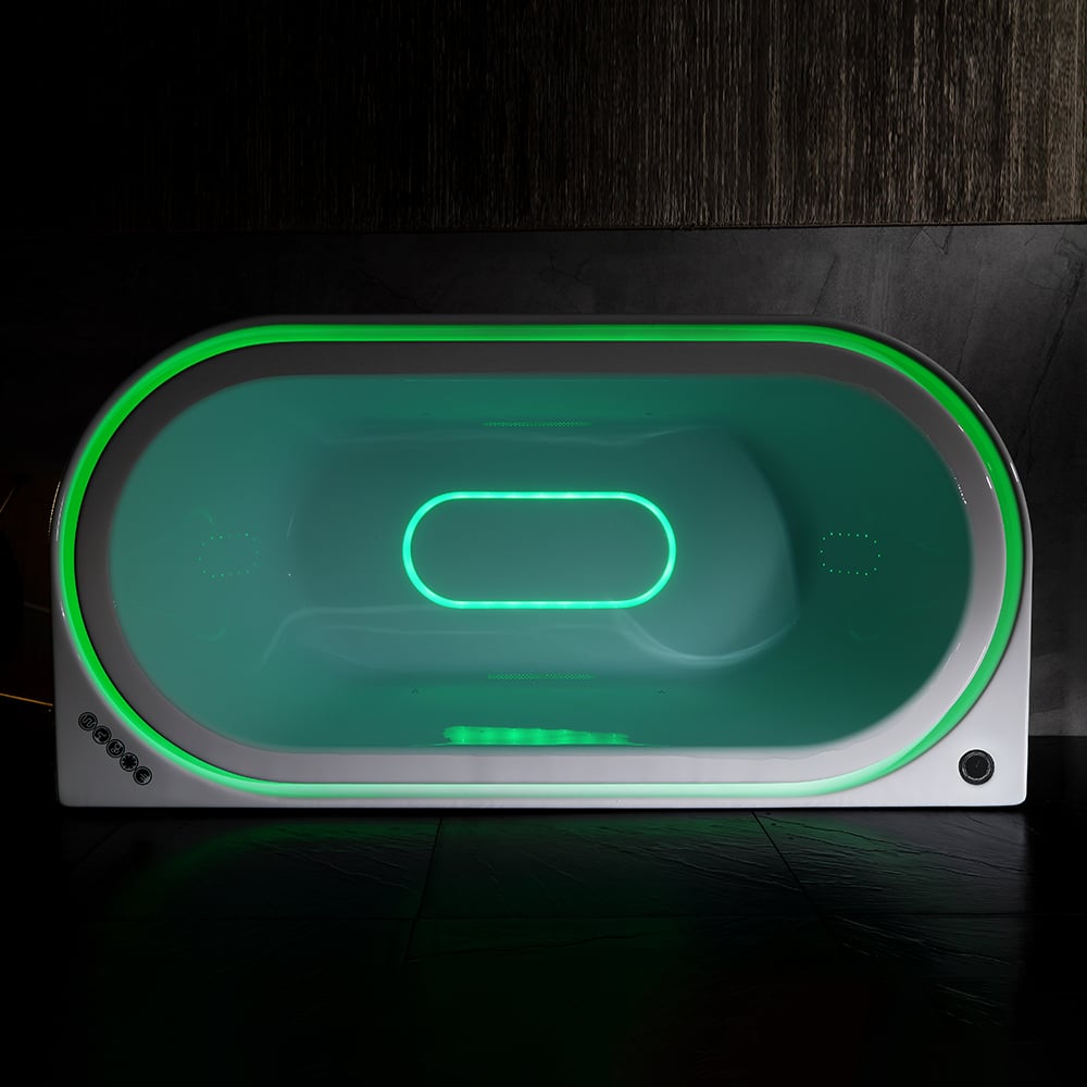 Tablier ovale de massage à l'eau tourbillon LED 1900 mm à 3 côtés en pierre de bain en résine blanche image de fenêtre