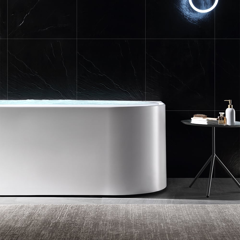 Tablier ovale de massage à l'eau tourbillon LED 1900 mm à 3 côtés en pierre de bain en résine blanche image de fenêtre