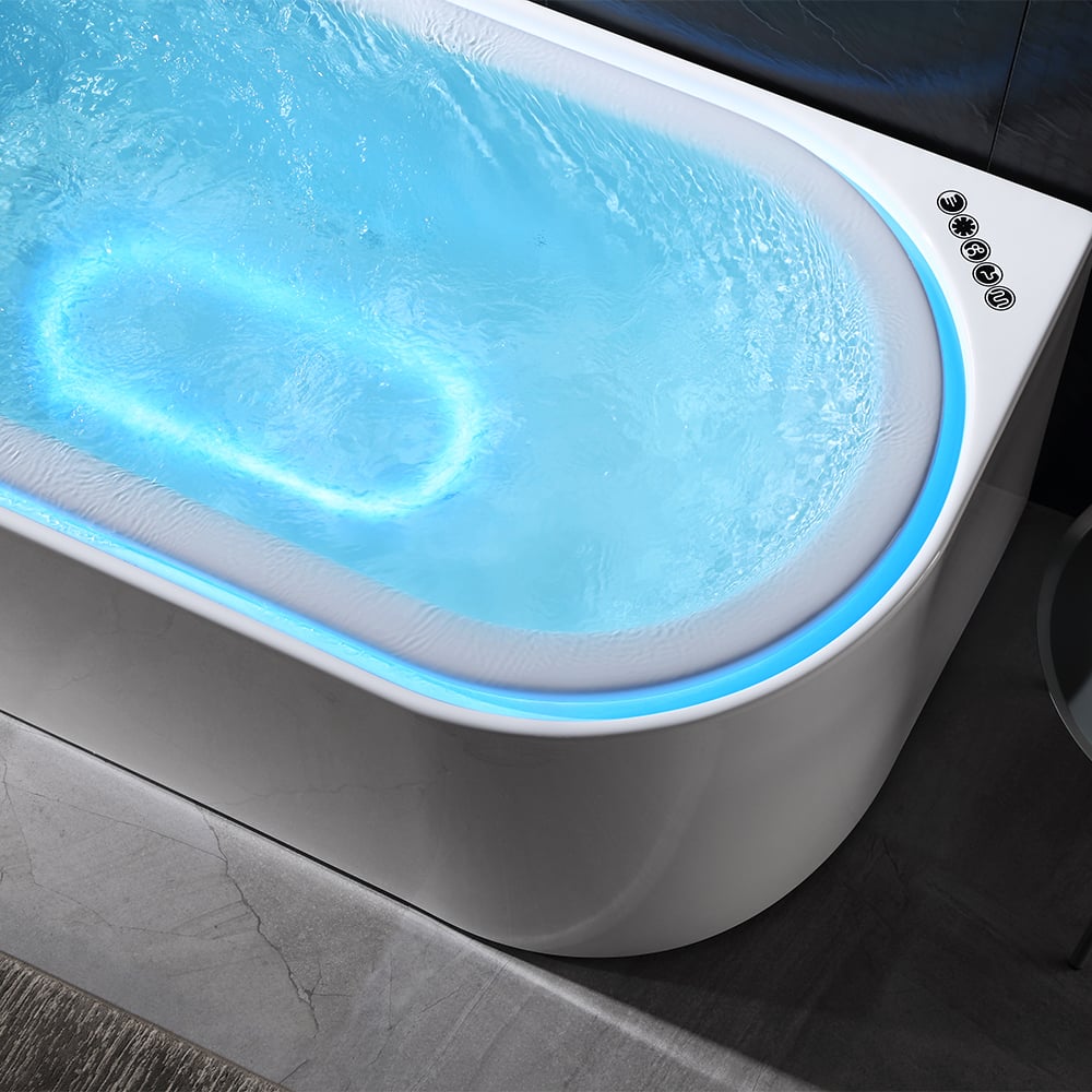 Tablier ovale de massage à l'eau tourbillon LED 1900 mm à 3 côtés en pierre de bain en résine blanche image de fenêtre