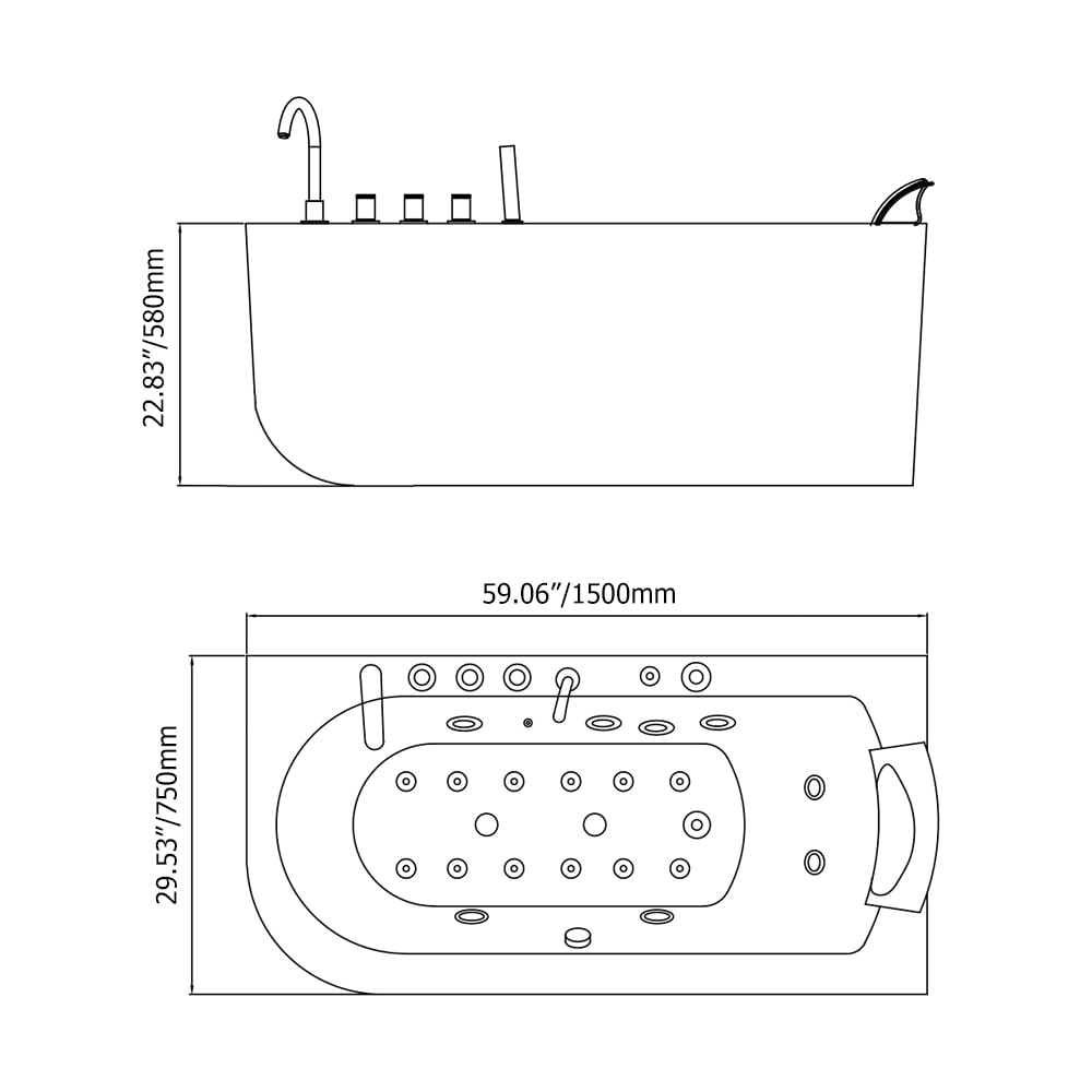 1500 mm acryl LED waterval whirlpool watermassagebad met badvuller Afbeelding met gewichten en afmetingen