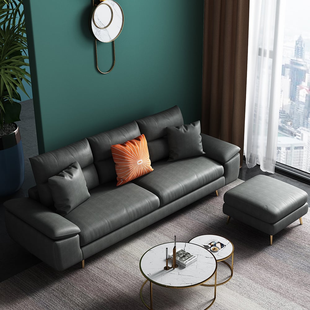 2 Pieces Modern Standard Leath-Aire Sectional Sofa in Gray with Square Stool window image