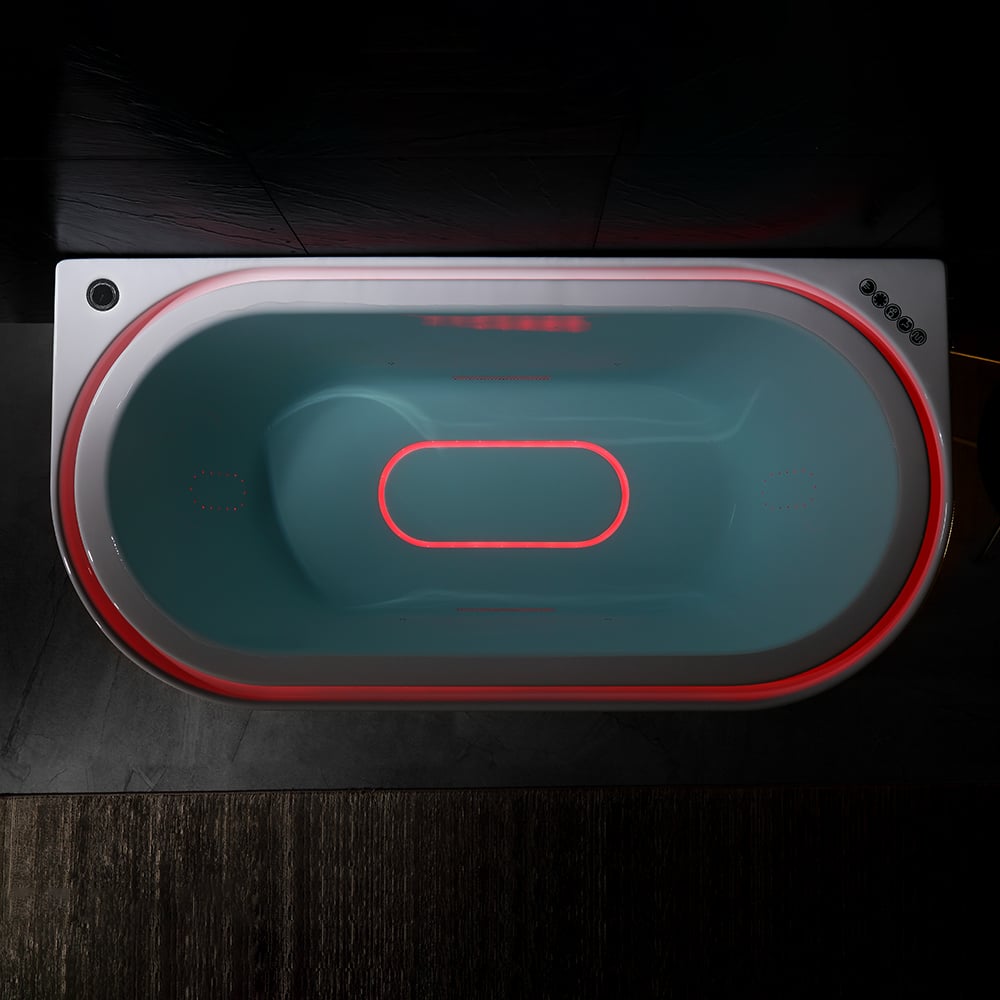 Tablier ovale de massage à l'eau tourbillon LED 1900 mm à 3 côtés en pierre de bain en résine blanche image de fenêtre