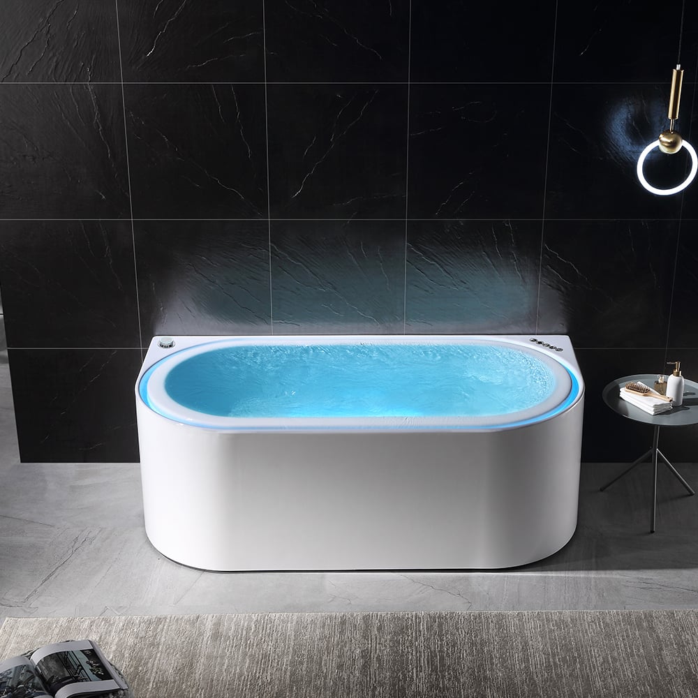 Tablier ovale de massage à l'eau tourbillon LED 1900 mm à 3 côtés en pierre de bain en résine blanche image de fenêtre