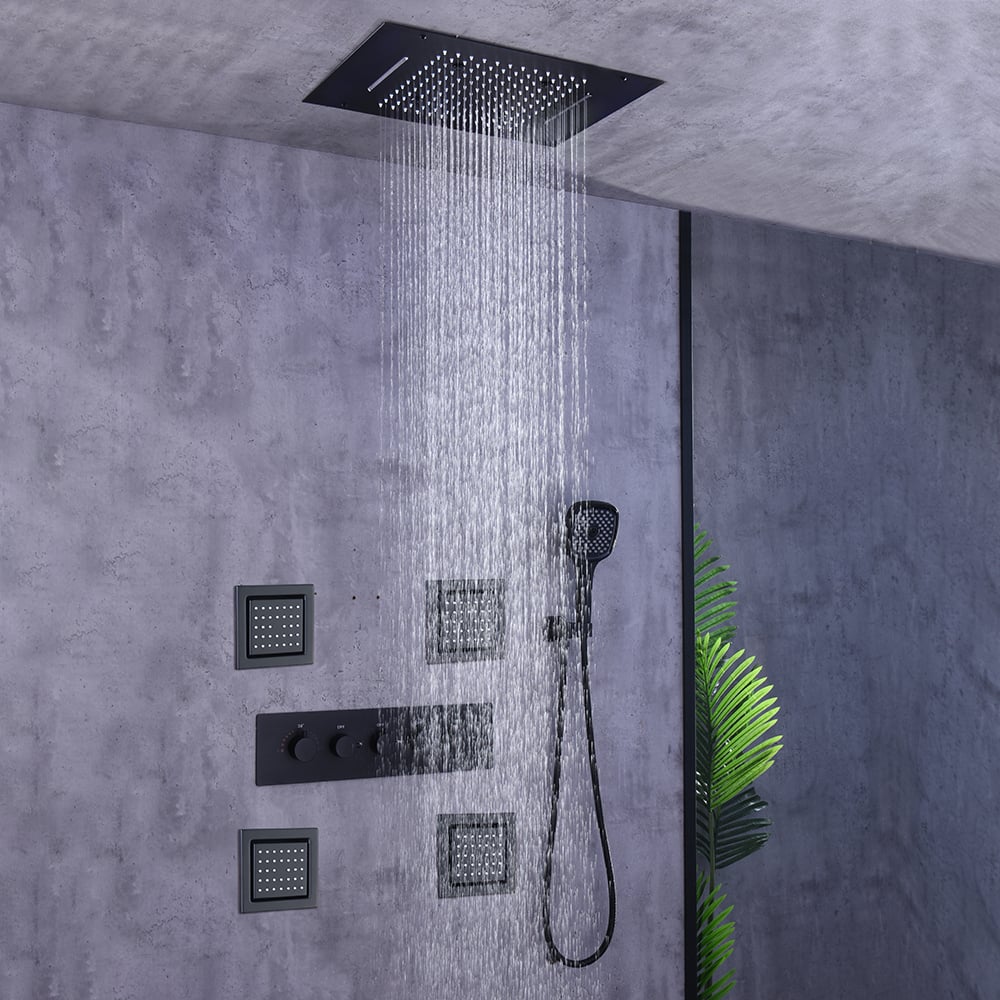 500mm Wall-Mounted Thermostatic Shower Set with Waterfall Rain & 4 Body Jets in Black window image