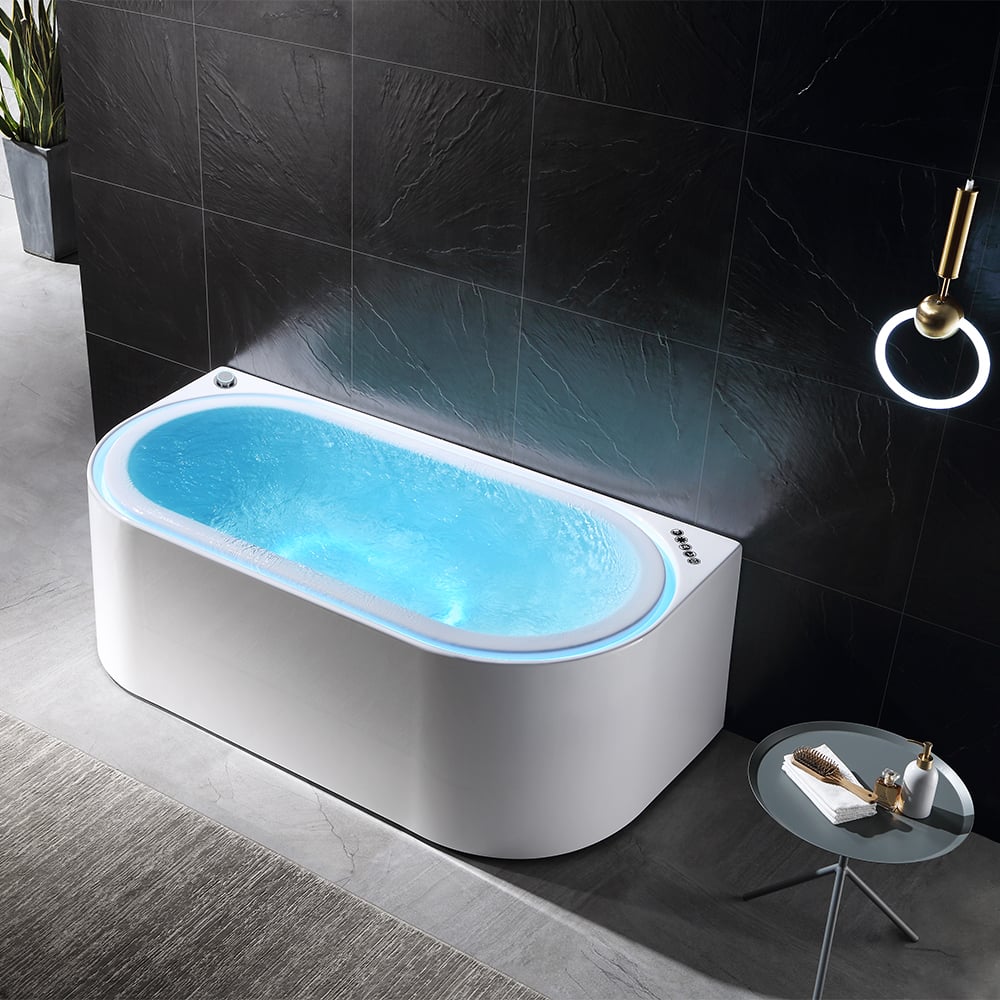 Tablier ovale de massage à l'eau tourbillon LED 1900 mm à 3 côtés en pierre de bain en résine blanche image de fenêtre