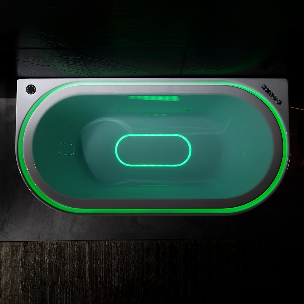 Tablier ovale de massage à l'eau tourbillon LED 1900 mm à 3 côtés en pierre de bain en résine blanche image de fenêtre