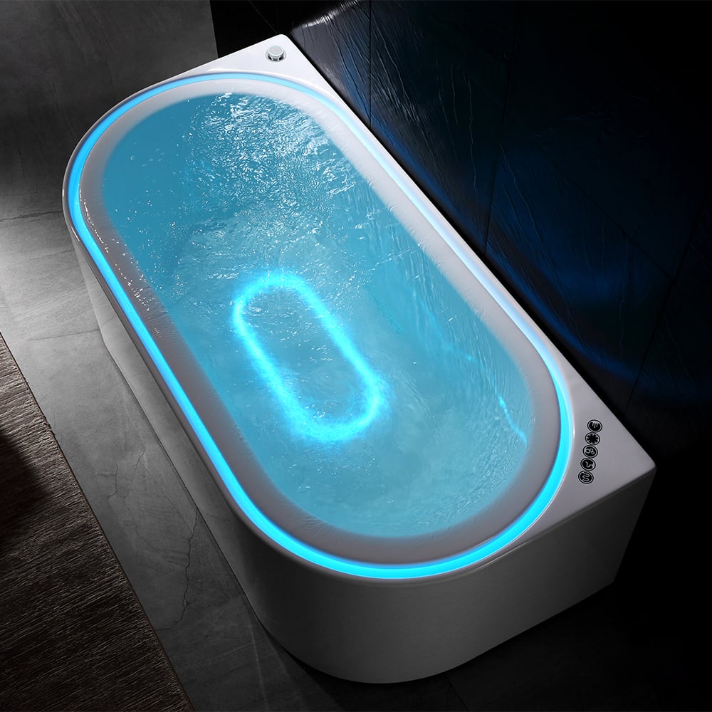 Tablier ovale de massage à l'eau tourbillon LED 1900 mm à 3 côtés en pierre de bain en résine blanche image de fenêtre