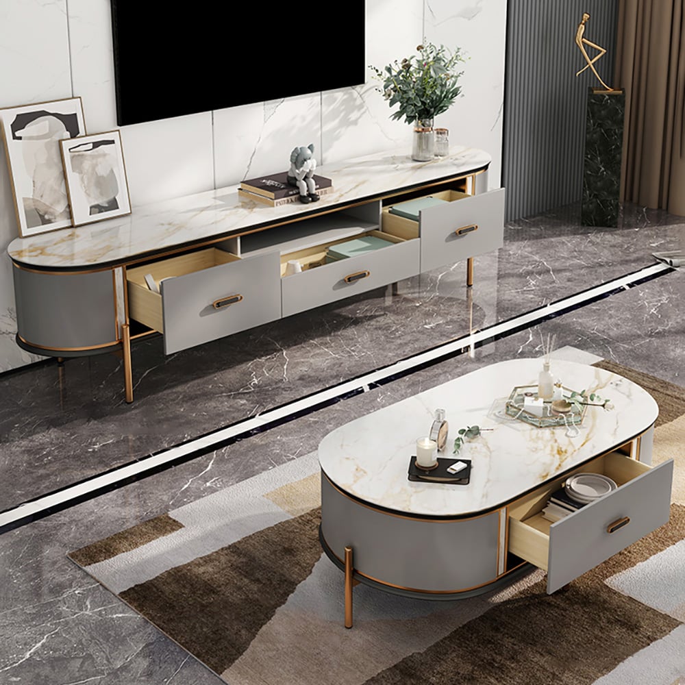 Modern Gray Sintered Stone Top Coffee Table and TV Stand Set of 2 window image