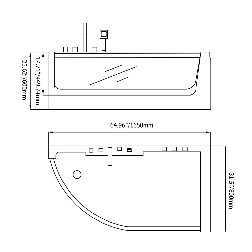 Baignoire de massage à eau Whirlpool à LED 1650 mm en blanc avec remplissage de bain Poids, dimensions, image
