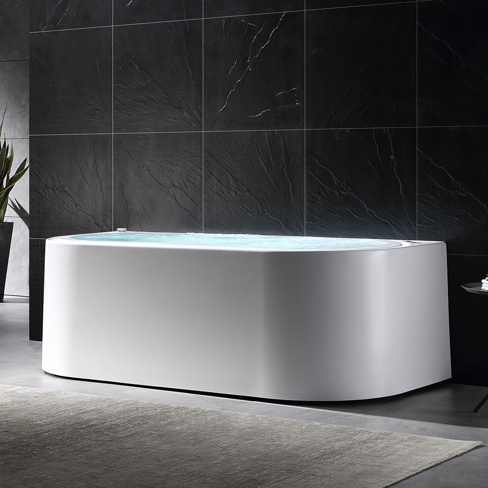 Tablier ovale de massage à l'eau tourbillon LED 1900 mm à 3 côtés en pierre de bain en résine blanche image de fenêtre