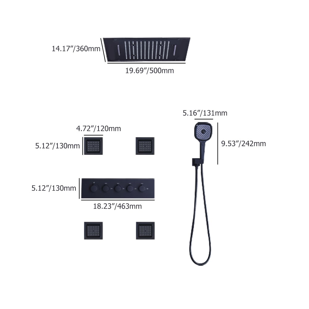 500mm Wall-Mounted Thermostatic Shower Set with Waterfall Rain & 4 Body Jets in Black weights dimensions image