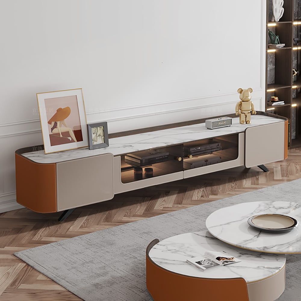 Contemporary Round Nesting Coffee Table Set of 3 with TV Stand in White & Orange window image