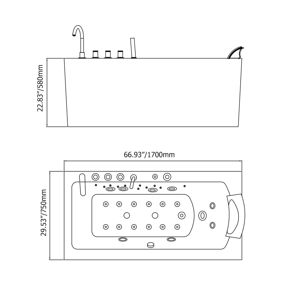 Bañera de hidromasaje rectangular con cascada LED de 1700 mm en color blanco con relleno de baño pesos dimensiones imagen