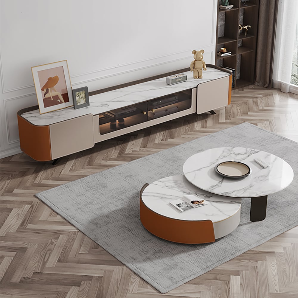 Contemporary Round Nesting Coffee Table Set of 3 with TV Stand in White & Orange window image