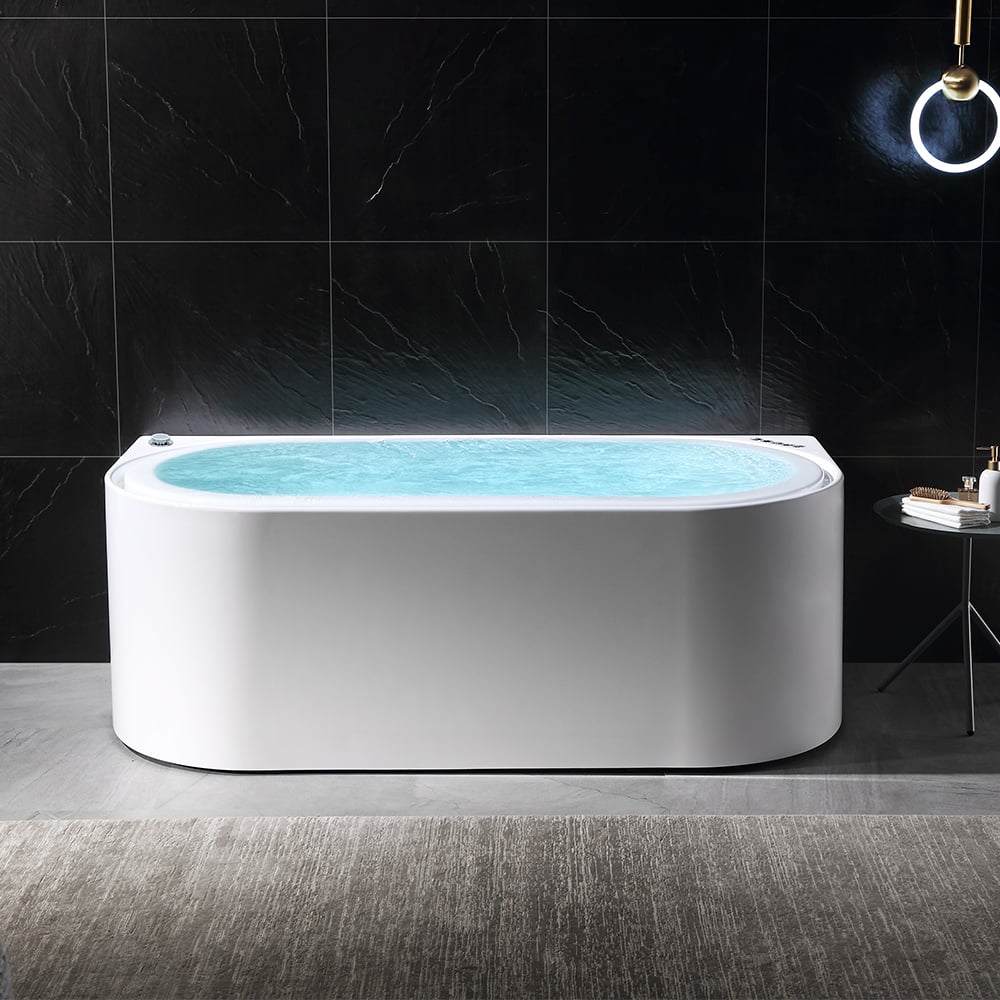 Tablier ovale de massage à l'eau tourbillon LED 1900 mm à 3 côtés en pierre de bain en résine blanche image de fenêtre