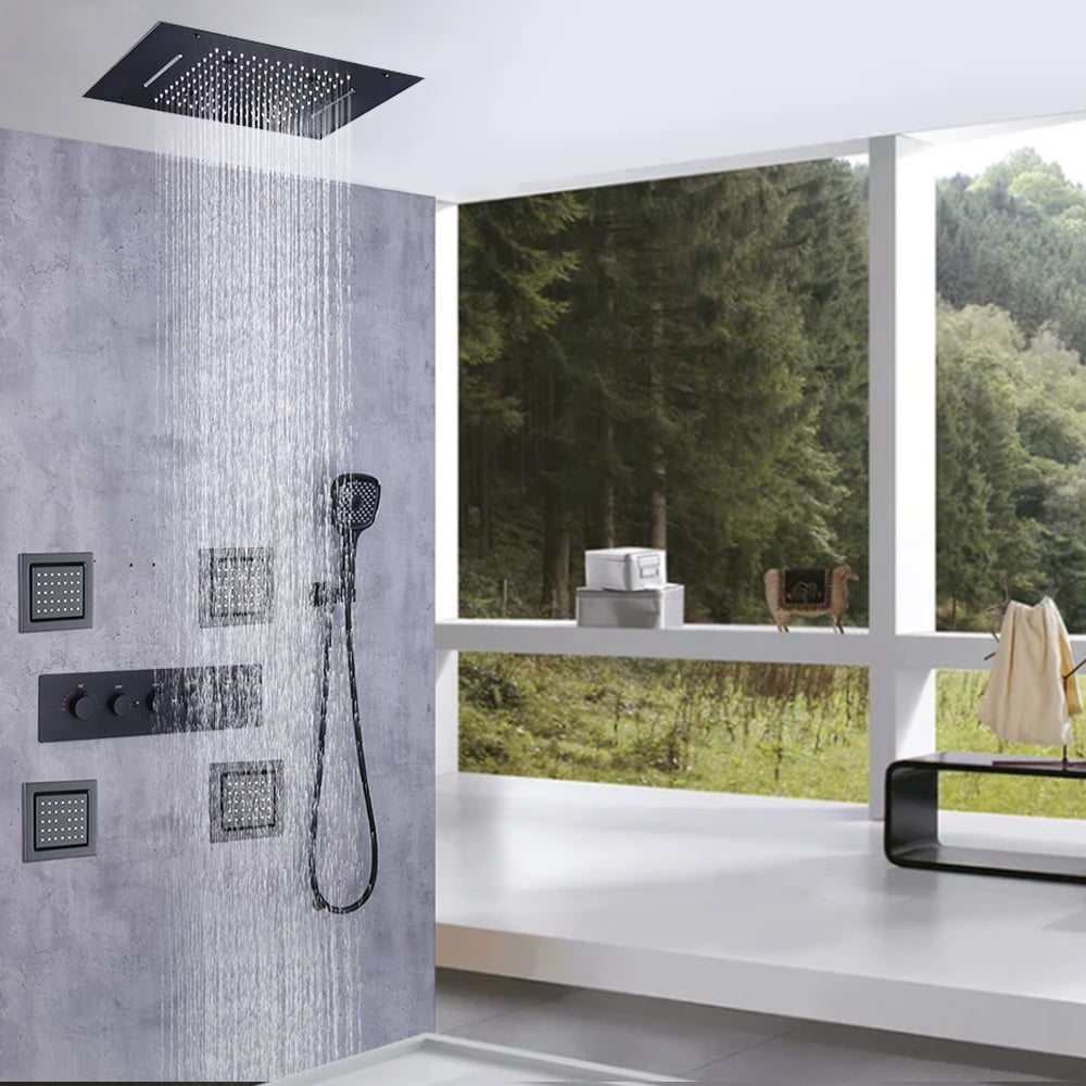 500mm Wall-Mounted Thermostatic Shower Set with Waterfall Rain & 4 Body Jets in Black window image