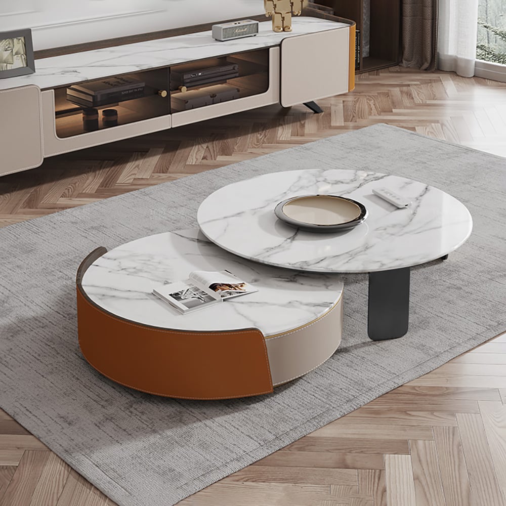 Contemporary Round Nesting Coffee Table Set of 3 with TV Stand in White & Orange window image