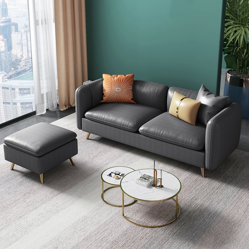 Sofá secional retangular moderno cinza Leath-Aire de 2 peças com banquinho Imagem da janela